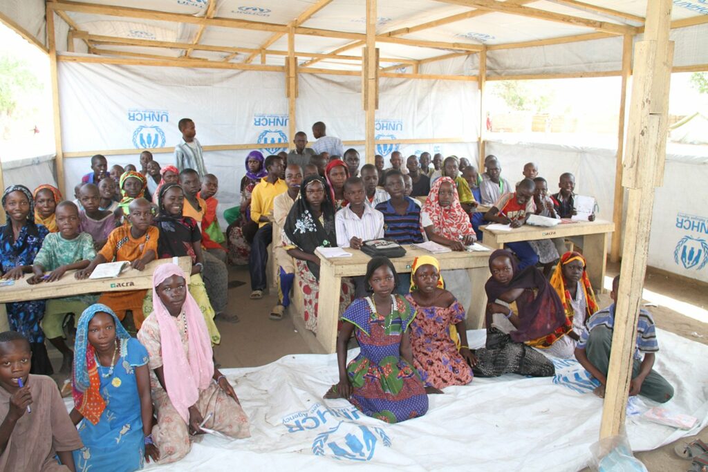 Group of children in temporary school
